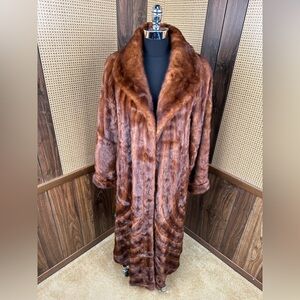 FULL LENGTH WHISKEY COGNAC BROWN DIRECTIONAL MINK FUR COAT JACKET SIZE LARGE 10